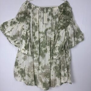 Feathers Women Tie Dye Off Shoulder Boho Bell Sleeve Tunic Top Green Sz 2X NWT